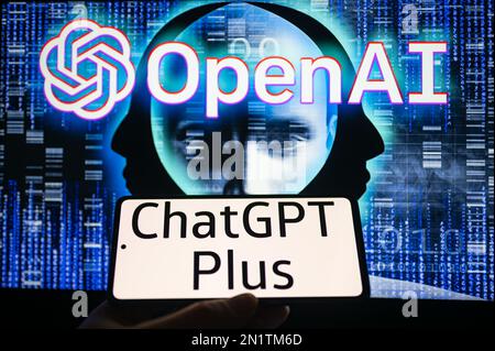 ChatGPT Plus sing displayed on mobile and OpenAI on screen are seen in this photo illustration. On 6 February 2023 in Brussels, Belgium. Stock Photo