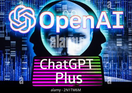 ChatGPT Plus sing displayed on mobile and OpenAI on screen are seen in this photo illustration. On 6 February 2023 in Brussels, Belgium. Stock Photo