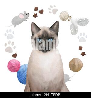 Watercolor illustration of cat and round frame, wreath with pet supplies. Isolated on white background. Cats' toys Stock Photo