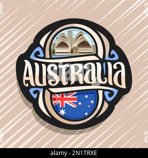 Vector logo for Australia country, fridge magnet with australian state flag, original brush typeface for word australia and national australian symbol Stock Vector