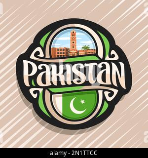 Vector logo for Pakistan country, fridge magnet with pakistani state flag, original brush typeface for word pakistan and national pakistani symbol - F Stock Vector