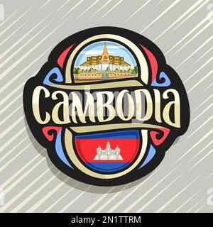 Vector logo for Kingdom of Cambodia, fridge magnet with cambodian state flag, original brush typeface for word cambodia and national cambodian symbol Stock Vector