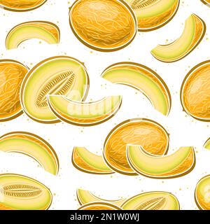 Vector Melon Seamless Pattern, square repeat background with illustration of melon fruit still life compositions with seeds for wrapping paper, group Stock Vector