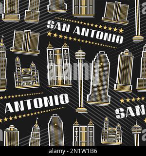 Vector San Antonio Seamless Pattern, square repeat background with illustration of famous city scape on dark background for wrapping paper, decorative Stock Vector