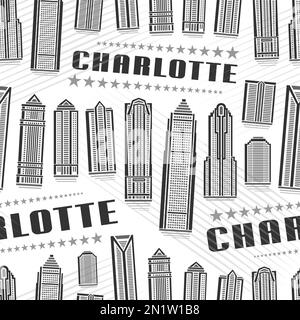 Vector Charlotte Seamless Pattern, repeat background with illustration of famous charlotte city scape on white background for wrapping paper, monochro Stock Vector