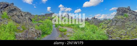 Panoramic picture from the volcanic lava fields of Myvatn on Iceland during the day in summer Stock Photo