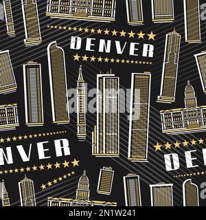 Vector Denver Seamless Pattern, square repeat background with illustration of famous denver city scape on dark background for wrapping paper, decorati Stock Vector
