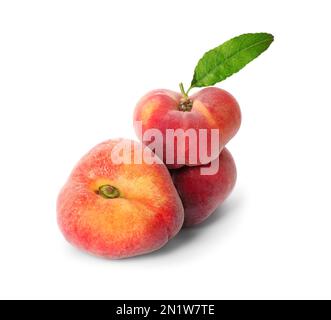 Fresh ripe donut peaches on white background Stock Photo