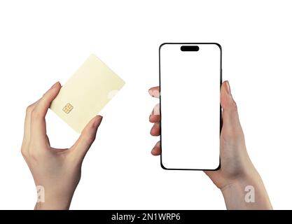 Lodz, Poland February 05 2023 Mobile phone screen mock-up and hand holding plastic credit card mockup for paying online, shopping via internet isolate Stock Photo