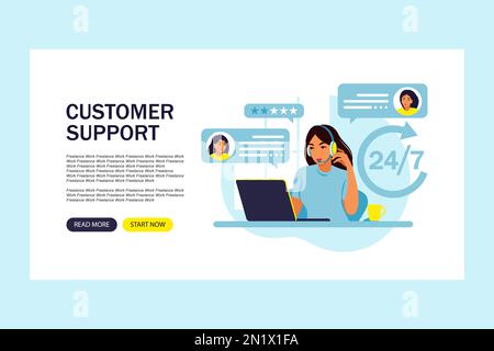 Customer support concept. Woman hotline operator advises clients. Online technical support. Landing page template. Vector illustration. Flat. Stock Vector
