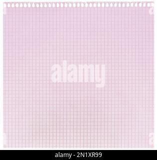 Checked spiral notebook page paper background, old aged pink chequered ring binder sheet flat lay copy space, horizontal squared pattern maths notepad Stock Photo