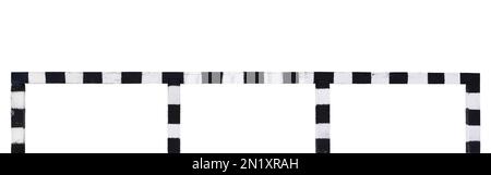 Pedestrian Pavement Safety Barrier Panorama Black And White Near Railroad Level Crossing, Large Isolated Panoramic Vintage Closeup, Old Aged Weathered Stock Photo