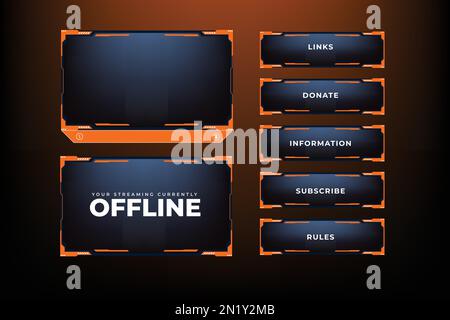 Gaming overlay vector with orange and dark color shapes. Streaming overlay frame and screen interface decoration. Futuristic live streaming overlay de Stock Vector