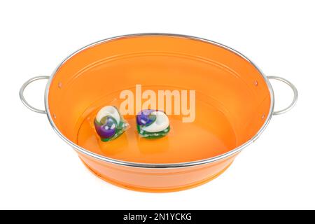 Basin for different purposes and washing gel capsule isolated on white background Stock Photo