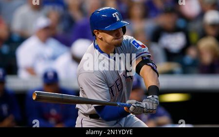 May 18, 2017: Texas Rangers left fielder Ryan Rua #16 during an MLB  interleague game between the Philadelphia Phillies and the Texas Rangers at  Globe Life Park in Arlington, TX Texas defeated