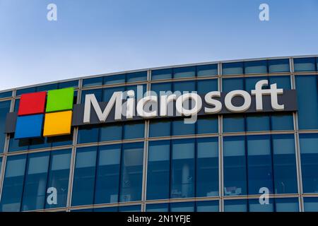 Sign on the French headquarters of Microsoft, an American multinational company that develops, manufactures, licenses and markets computer software Stock Photo