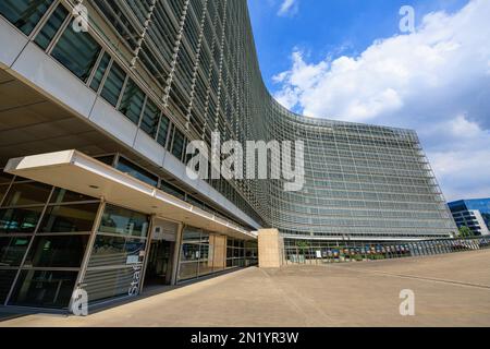 European flags in front of the Berlaymont building, headquarters of the European Commission in Brussels, Belgium Stock Photo