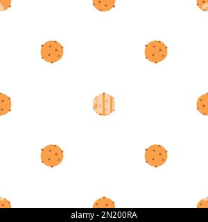 Seamless pattern of cookie with chocolate crisps in flat style. Hand drawn vector background of biscuit with chocolate or raisins, baking, confectione Stock Vector