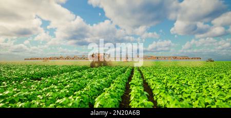Agriculture tractor spraying fertilizer on soybean fields, Technology smart farm concept, 3d render Stock Photo
