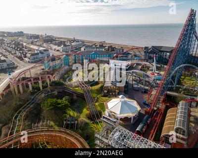 Blackpool Pleasure Beach BPB Aerial Update closed season 2023, Inc Big One Re Tracking Stock Photo