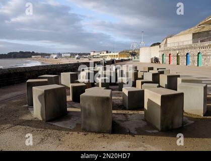 Colourful lavatory doors and Ammonite water feature, promenade, Barry Island, South Wales, Taken January 2023. Winter. A mist-spraying water feature Stock Photo