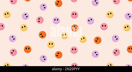 Retro groovy background, the 70s, y2k. Cartoon faces in hippie groovy psychedelic style. Stock Vector