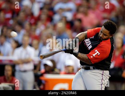 American League's Prince Fielder, of the Texas Rangers, reacts during the  MLB All-Star baseball Home Run Derby, Monday, July 13, 2015, in Cincinnati.  (AP Photo/Jeff Roberson Stock Photo - Alamy