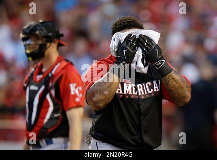 American League's Prince Fielder, of the Texas Rangers, reacts during the  MLB All-Star baseball Home Run Derby, Monday, July 13, 2015, in Cincinnati.  (AP Photo/Jeff Roberson Stock Photo - Alamy