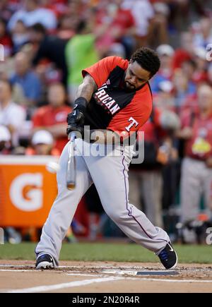 American League's Prince Fielder, of the Texas Rangers, reacts during the  MLB All-Star baseball Home Run Derby, Monday, July 13, 2015, in Cincinnati.  (AP Photo/Jeff Roberson Stock Photo - Alamy