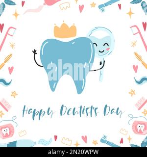 Happy dentists day poster. Vector illustration of tooth and oral care products for poster, banner, greeting card. Stock Vector
