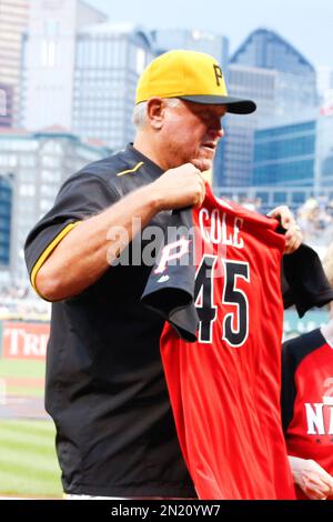 Pittsburgh Pirates manager Clint Hurdle shows the All-Star jersey for  starting pitcher Gerrit Cole after he accepted it for Col before a baseball  game against the St. Louis Cardinals, Sunday, July 12, 2015, in Pittsburgh.  (AP Photo/Keith Srakocic Stoc