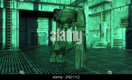 3D-illustration of a biped droid or robot in a science fiction starship Stock Photo