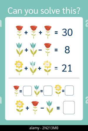 Math riddle, vector format. Find the answer, picture equations. Rebus for children and adults. Learning task, brain teaser, flower math, math for kids, vector easy to recolor Stock Vector