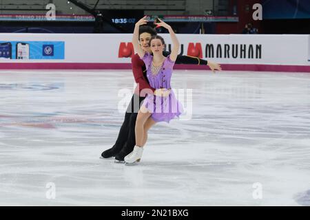 Darya Grimm and Michail Savitskiy (GER) perform during the Junior Ice Dance - Free Dance of the ISU Grand Prix of Figure Skating Final Turin at Palavela. (Photo by Davide Di Lalla / SOPA Images/Sipa USA) Stock Photo