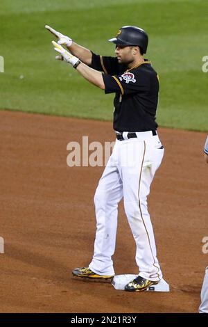 Pittsburgh Pirates' Andrew McCutchen wears a 1979 throwback uniform while  batting in the baseball game against the Cincinnati Reds in Pittsburgh,  Saturday, Aug. 22, 2009. (AP Photo/Keith Srakocic Stock Photo - Alamy