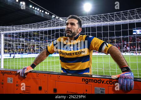 Parma, Italy. 18th Feb, 2023. Tardini Stadium, 18.02.23 Goalkeeper  Gianluigi Buffon (1 Parma) during the Serie B match between Parma and  Ascoli at Tardini Stadium in Parma, Italia Soccer (Cristiano Mazzi/SPP)  Credit