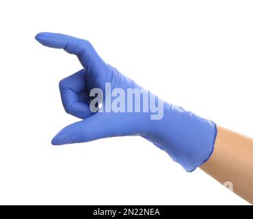 Woman in blue latex gloves holding something on white background, closeup of hand Stock Photo