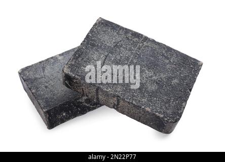 Tar soap bars isolated on white. Natural product Stock Photo