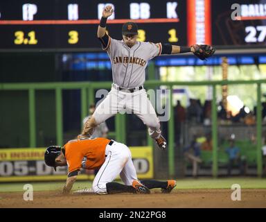 August 8 2021:Miami second baseman Joe Panik (12) makes a play the