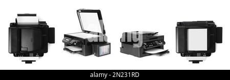 Modern multifunction printer on white background, views from different sides. Banner design Stock Photo