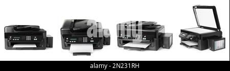 Modern multifunction printer on white background, views from different sides. Banner design Stock Photo