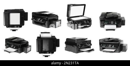 Modern multifunction printer on white background, views from different sides. Banner design Stock Photo