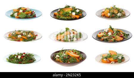 Set of tasty persimmon salads on white background, banner design Stock Photo