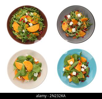 Set of tasty persimmon salads on white background, top view Stock Photo