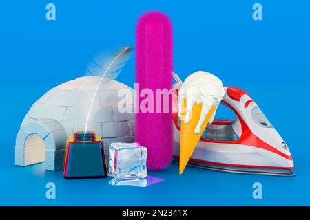 Kids ABC, fluffy letter I with ice cream, iron, igloo, ink, ice cube, 3D rendering on blue background Stock Photo