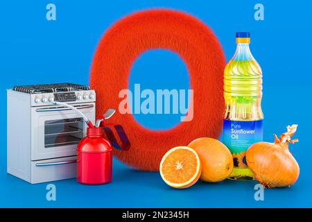 Kids ABC, fluffy letter O with oven, oil can, orange, onion, sunflower oil bottle. 3D rendering on blue background Stock Photo