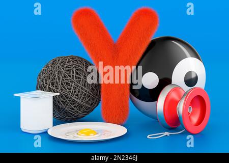 Kids ABC, fluffy letter Y with yo-yo, yogurt, yarn, yolk, yin yang. 3D rendering on blue background Stock Photo