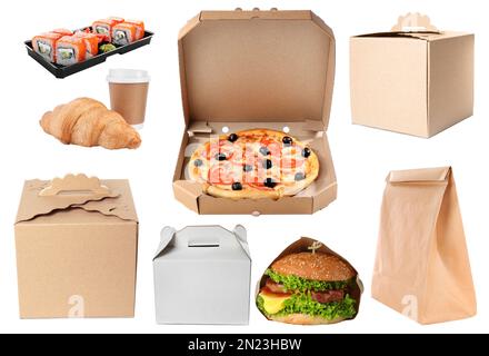 Collage of cardboard and plastic containers with fresh food on white background. Online delivery Stock Photo