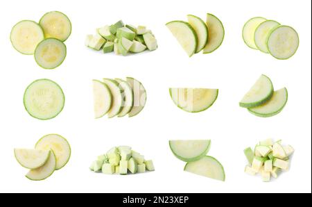 Set of cut squashes on white background Stock Photo