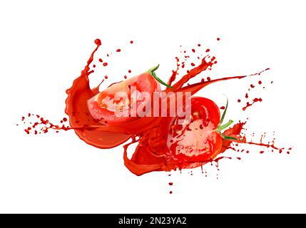 Fresh tomato with juice splash in air on white background Stock Photo